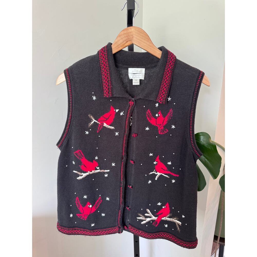 Christopher & Banks Black Knit Vest with Red Cardinal Motif